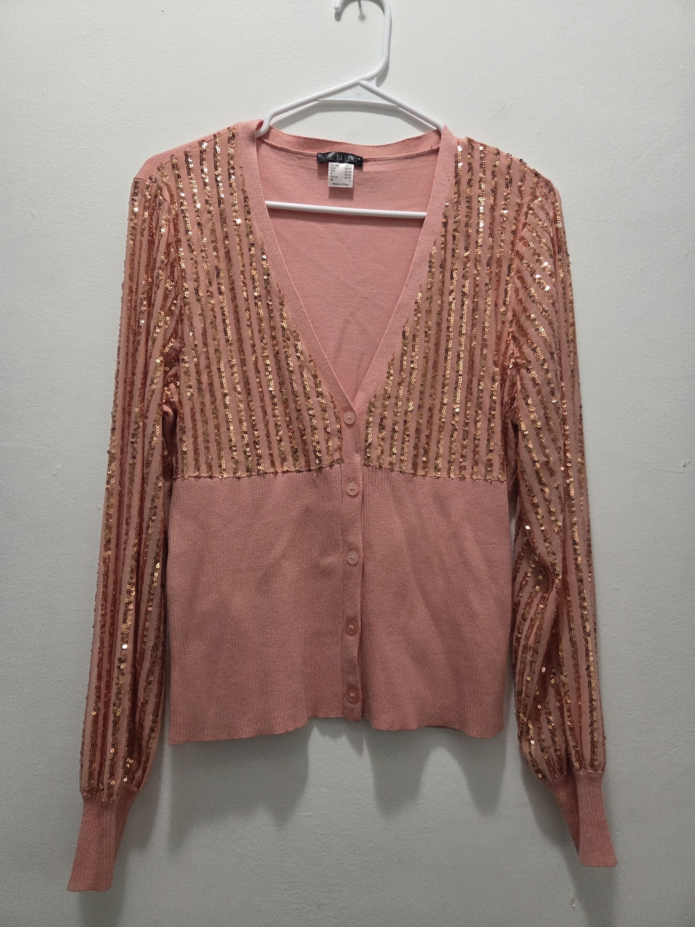 VENUS Size L CORAL Sequin-Striped V-Neck Cardigan